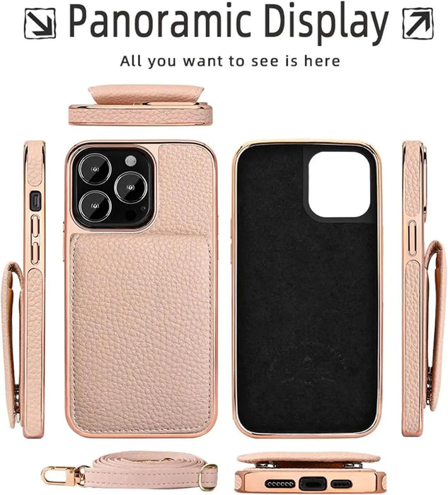 Crossbody Wallet Case for iPhone 15, Luxurly Gold Plating Edge Premium Leather Case & Card Holder Magnetic Buckle Purse Case