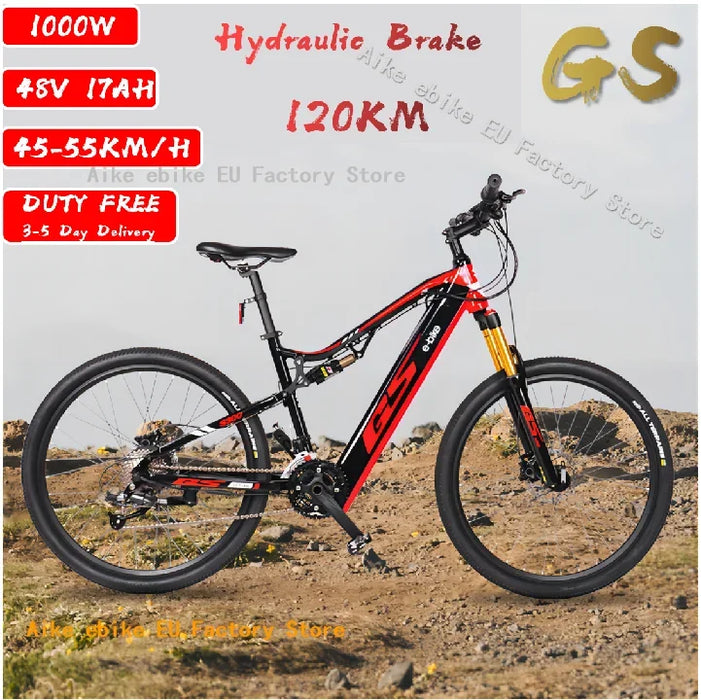 Electric Mountain Bike with Lithium Battery, Front and Rear, Double Shock Absorbers, E-Bike, GS, 1000W, 48V, 17Ah, 27.5 in