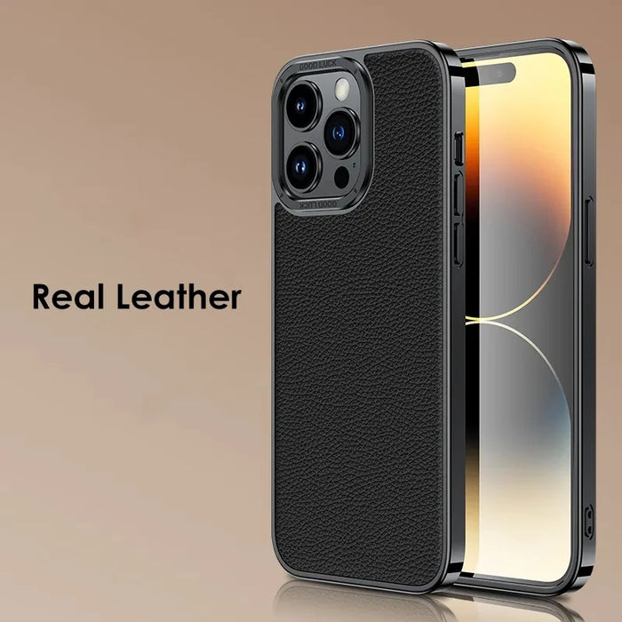 Luxury Genuine Leather Phone Case For Iphone 13 12 14 15 Pro Max Huawei Mate 50 Pro Plating Shell For Samsung S23 S22 Ultra Plus