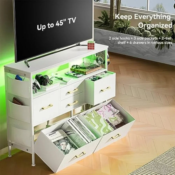 YILQQPER Dresser for Bedroom TV Stand with Power Outlets and LED Light, 6 Drawers Dresser with Side Pockets & Hooks