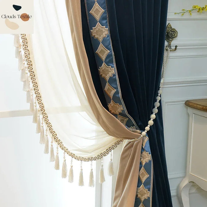 Luxurious Velvet Curtains for Living Dining Room Bedroom Deep Blue Embroidered Splicing Finished Blackout