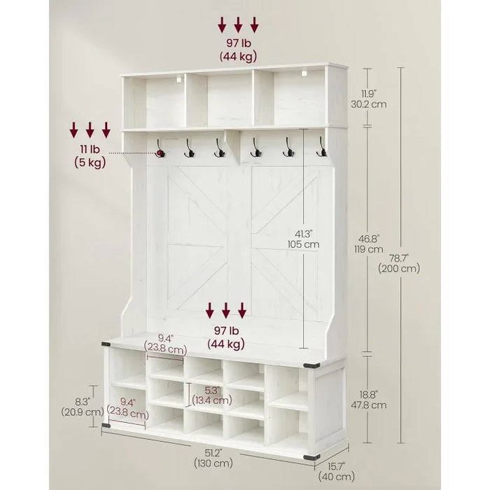 White Hall Tree with Bench and Shoe Storage, Coat Rack with Shoe Bench, 16 Open Compartments & Adjustable Shelf