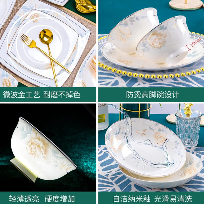 56 Heads Jingdezhen Ceramic Dinner Dish Rice Bowl Soup Bowl Salad Noodles Bowl dishes and plates Bowl Dinnerware Sets Tableware