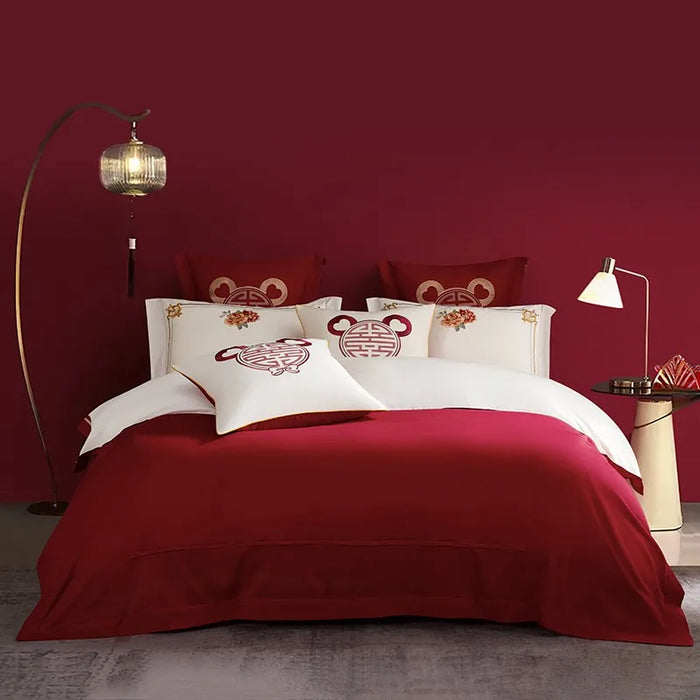 Luxury Double Happiness Blossom Embroidery Wedding Red Bedding Set 4/7Pc 1000TC Egyptian Cotton Duvet cover Bed sheet Pillowcase