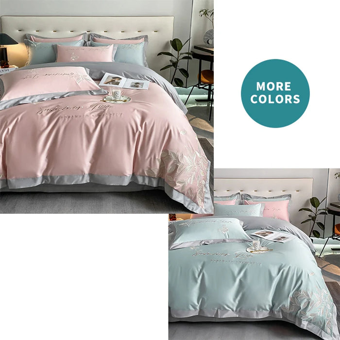 Elegant Ruffle Duvet Cover Embroidery 100% Cotton 4Pcs Flat Bed Sheet Pillowcases For Home