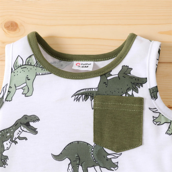 PatPat 2pcs Newborn Baby Boy Clothes Allover Dinosaur Print Sleeveless Tank Top and Solid Shorts Kids Stuff Set