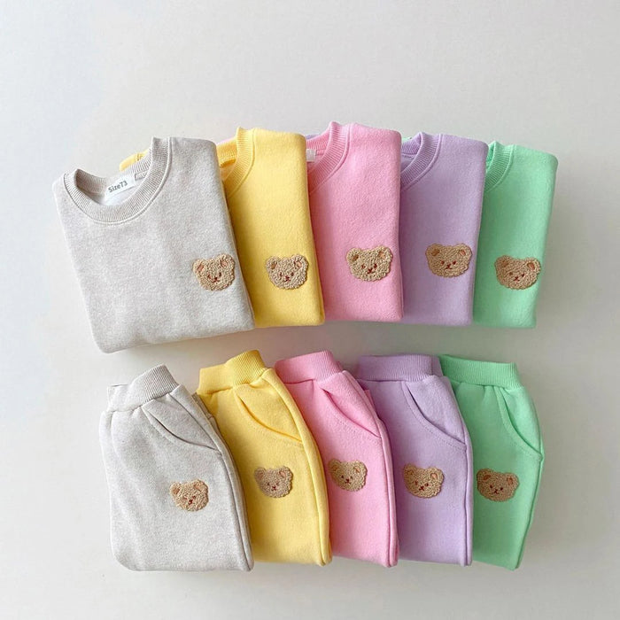 Korean Kids Bear Embroidery Fleece Pullover Set 1-5yrs Sweatshirt Tops+Harem Jogger Pants Suits 2pcs Girls Fleece Lined Clothes