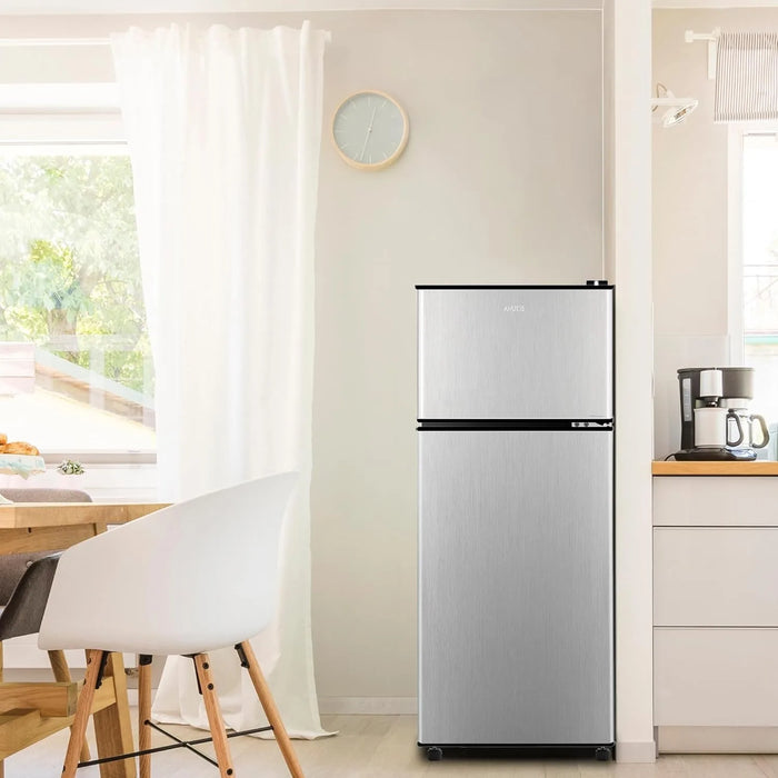 Compact Refrigerator 4.0 Cu Ft 2 Door Mini Fridge w/ Freezer For Apartment, Dorm, Office, Family, Basement, Garage, Silver