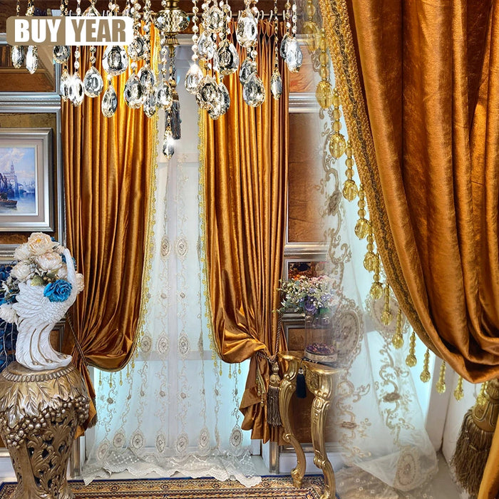 European style New Luxury Gold Velvet Blackout American Style High Grade Curtains for Living Dining room Bedroom Tulle Custom