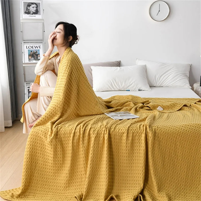 Pure Cotton Waffle Plaid Blanket Luxury Modern Throw Blanket Knitted Thin Quilt Plain Soft Cozy Sofa Cover Bedspreads On The Bed