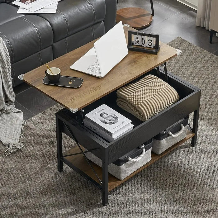 36" Lift Top Coffee Table with Free Cloth Storage Bins, White Walnut Frame, Small Modern Style, Dark Walnut