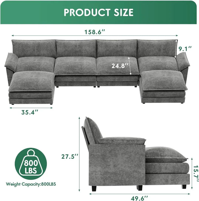 Sectional Modular Sofa U Shaped Chenille Fabric Couch with High Supportive & Soft Sponges and Removable Ottoman, Sleeper Comfy