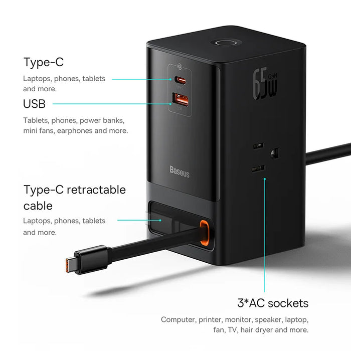 Baseus 65W Desktop Charger Digital Power Strip  Retractable-C 65W Fast Charger PowerCombo For Laptop Phone Quick Charger