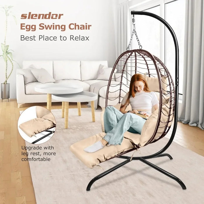 Wicker Hanging Swing Chair with Leg Rest and Stand, Indoor and Outdoor, Hammock Basket Chair, Furniture Egg, Free Shipping