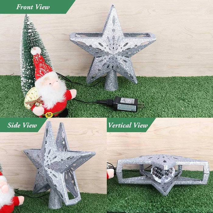 Christmas Tree Topper Decor 3D Glitter Star LED Rotating Snowflake Projector Christmas Tree Ornaments Holiday Party Hanging Lamp