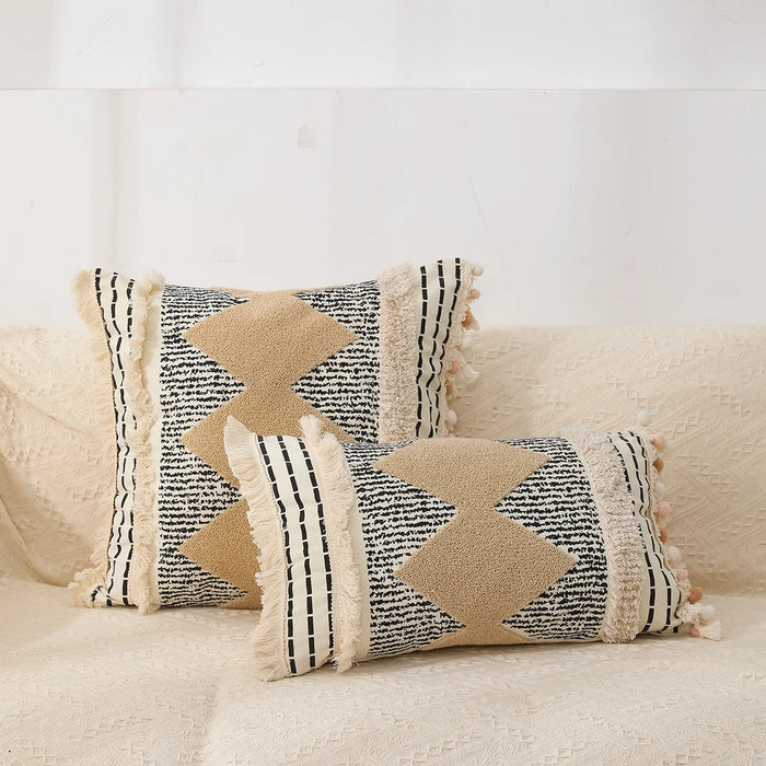 Boho Fringed Embroidered Cushion Cover Geometric Printed Tufted Pillowcase Ivory Decorative Cushions for Sofa 45X45/30X50CM