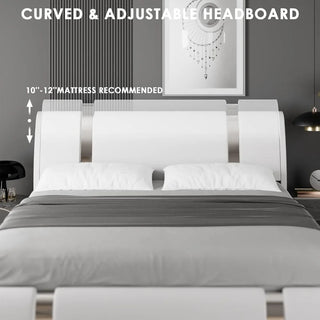 Modern Faux Leather Upholstered Platform Bed Frame with Iron Metal Decor, Adjustable Curved Headboard, Beds