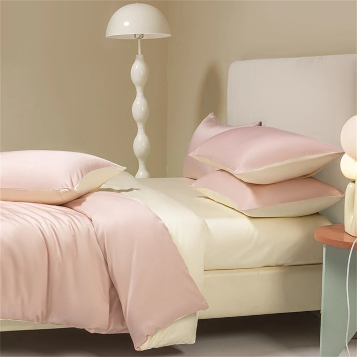 Liv-Esthete Women Double Color 100% Silk Bedding Set Silky Pink Queen King Duvet Cover Flat Sheet Pillowcase Bed Linen Set