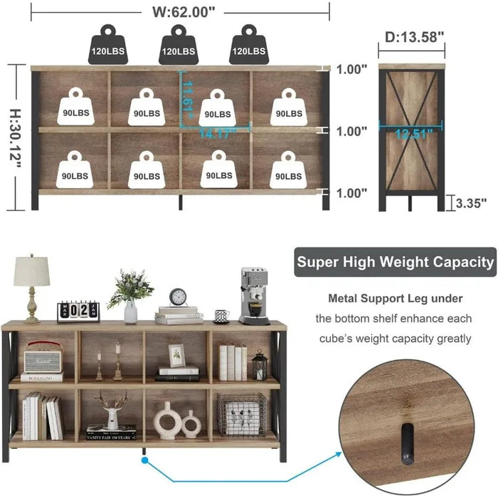 8 Cube Storage Organizer Bookshelf, Rustic Wood Cubby Bookcase, Industrial Horizontal Long Shelf for Living Room (Rustic Oak)