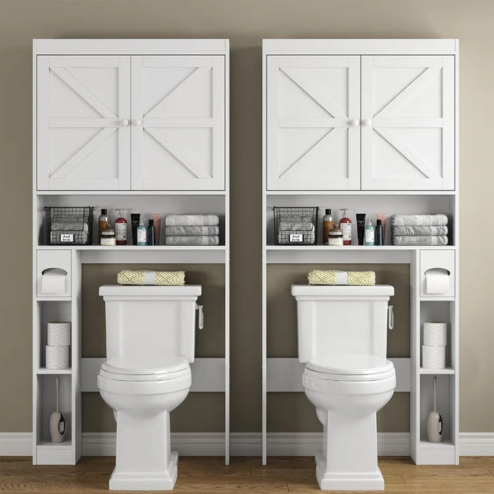 Over The Toilet Storage Cabinet with Shelves and Doors, 32.3''W Free standing Toilet Shelf Space Saver with Anti-Tip Design