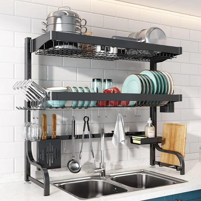 Over Sink Dish Drying Rack, Large 3 Tier 304 Stainless Steel Dish Drainer Organizer for Kitchen Shelf, Expandable Above Sink