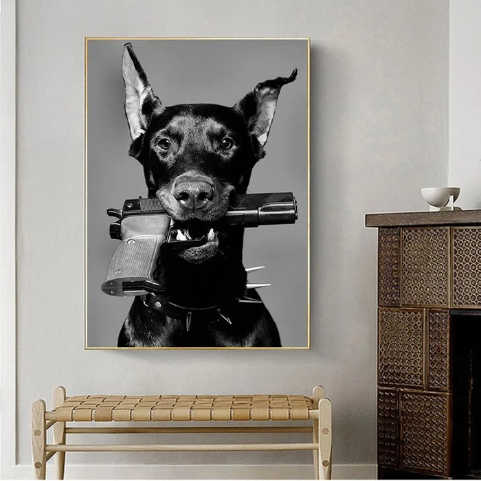 Doberman Dog Gun Canvas Painting Modern Black White Cuadros Fashion Poster Prints Wall Art Picture On Canvas Nordic Home Decor