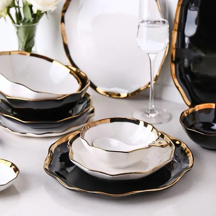 Classical Nordic Bone China Plates Set Black Dinnerware Serving Kitchen Dessert Dish Golden Edge Tableware Porcelain White