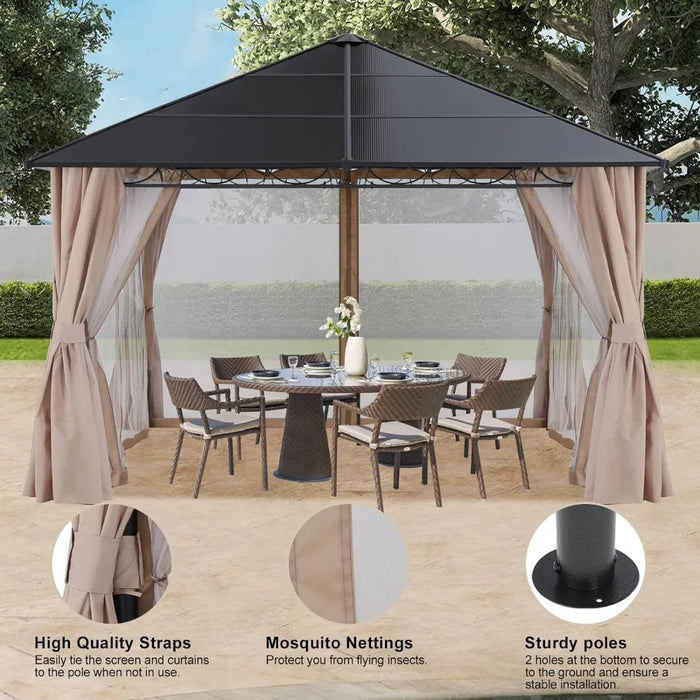 Beige Outdoor Awning 10x10 Outdoor Hardtop Gazebo Aluminum Frame Polycarbonate Top Canopy with Curtains and Netting Tent Decor