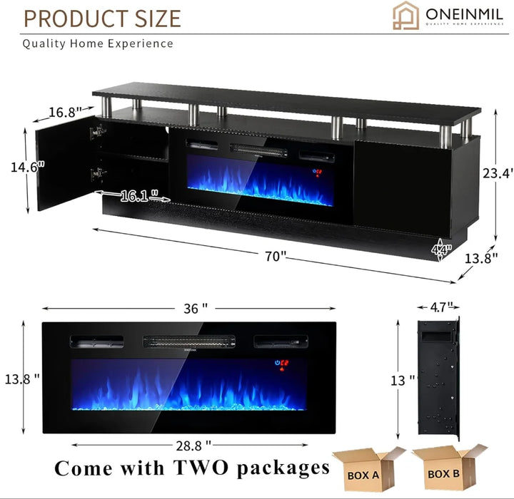 oneinmil Fireplace TV Stand with 36" Electric Fireplace,LED Light Entertainment Center,2 Tier TV