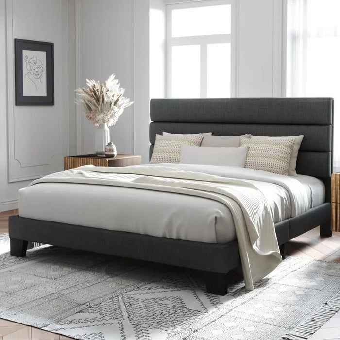 Bedroom furniture: king-size bed frame, platform bed, with fabric upholstered headboard and wood slatted support, dark grey