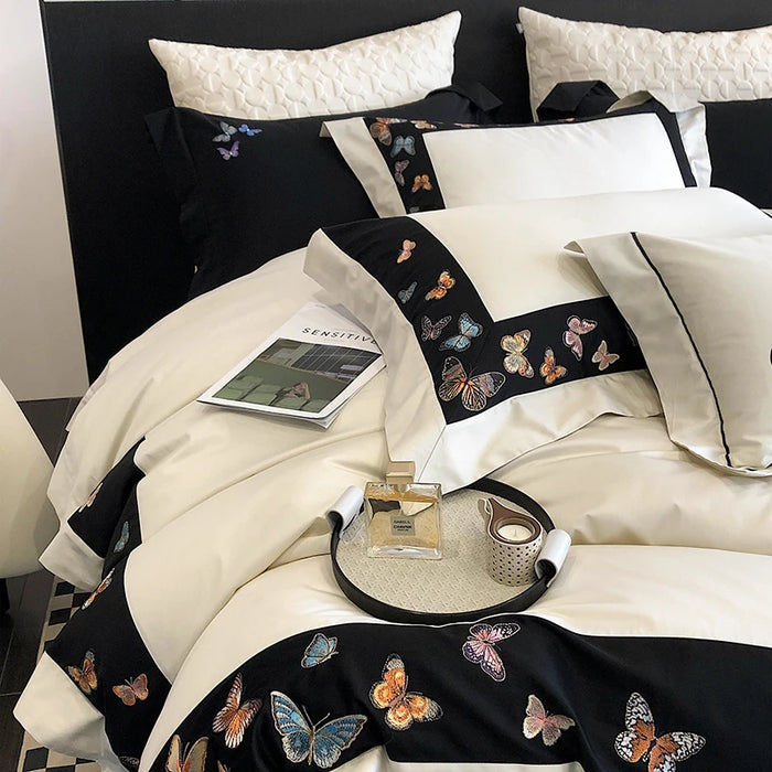 White Egyptian Cotton Bedding Set Luxury 4pcs Colorful Butterfly Embroidery Duvet Cover Bed Sheet Pillowcase Home Textile