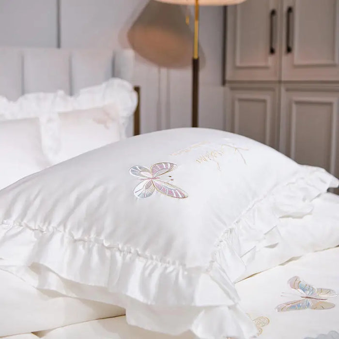 Butterfly Embroidered White Bedding Set Luxury Egyptian Cotton Princess Wedding Solid Quilt/Duvet Cover Bed Sheet Pillowcases