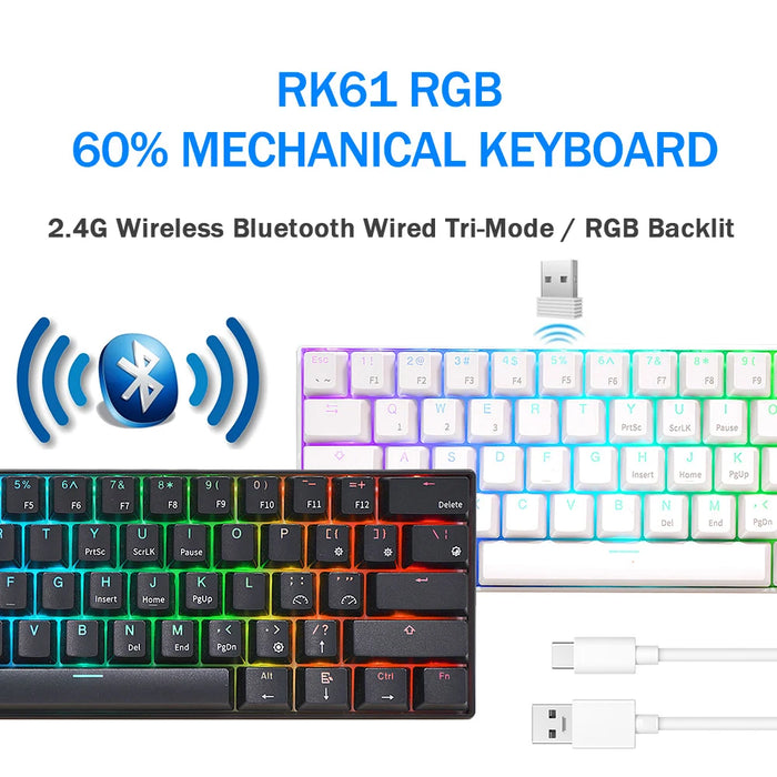 RK ROYAL KLUDGE RK61 Tri-mode BT5.0/2.4G/USB Mechanical Keyboard 60% 61 Keys RGB Hot-swappable Bluetooth Wireless Gamer Keyboard