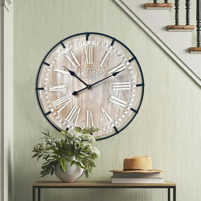 24 Inch Farmhouse Wall Clock, Antique Wood w/Metal Circle & Large Engraved Numerals, Battery Operated Wall Clock for Living Room