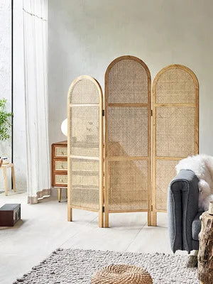 Solid wood rattan woven screen partition wall, movable folding folding screen, new Chinese style minimalist seat screen