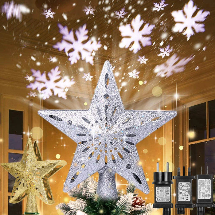 Christmas Tree Topper Decor 3D Glitter Star LED Rotating Snowflake Projector Christmas Tree Ornaments Holiday Party Hanging Lamp