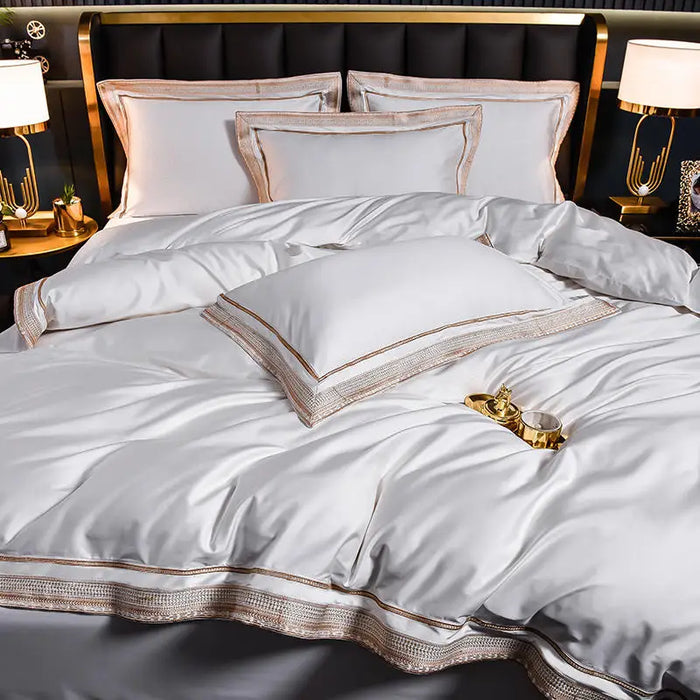 High-end Embroidery Bedding Set Luxury White Egyptian Cotton Soft Duvet Cover Bed Sheet Pillowcases Solid Color Mattress Cover