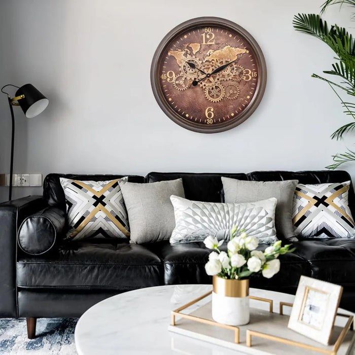 24 Inch Wall Clock with Moving Gears, Industrial Decor Clock, Oversized Silent Clock for Living Room, Oil Rubbed Bronze Brown