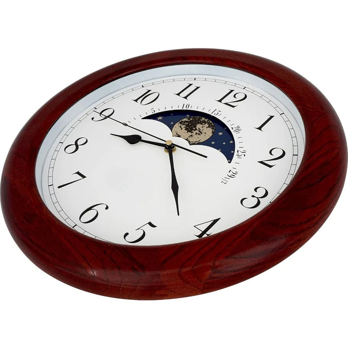 14 Inch Wall Clock, Solid Oak Wood Non-Ticking Sweep Mechanical Specialty Moon Phase Moving Dial Wall Clock, Home Decor