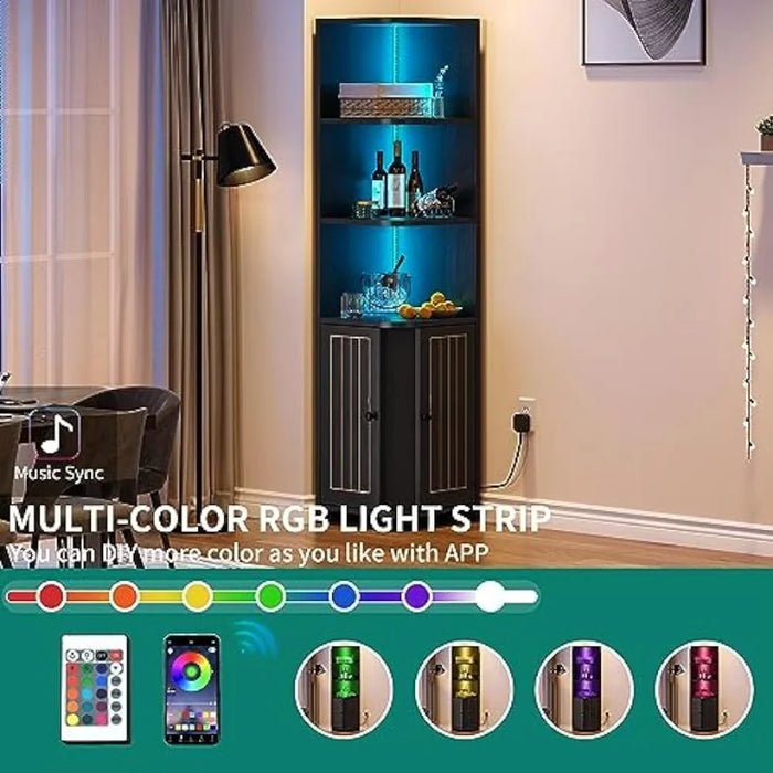 Corner Cabinet with LED Lights, 71.1“ Corner Bookshelf and Bookcase with Storage, Modern Display Corner Shelf