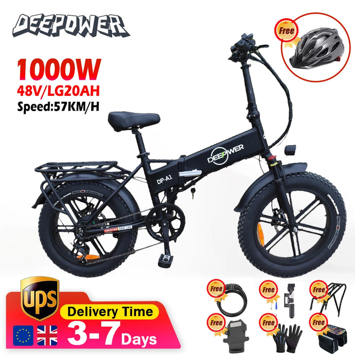 DEEPOWER A1 Folding Electric Bicycle 1000W 48V 20AH Fat Tire Ebike Mountain 20 Inch Commuting Electric Bikes For Adults E Bikes