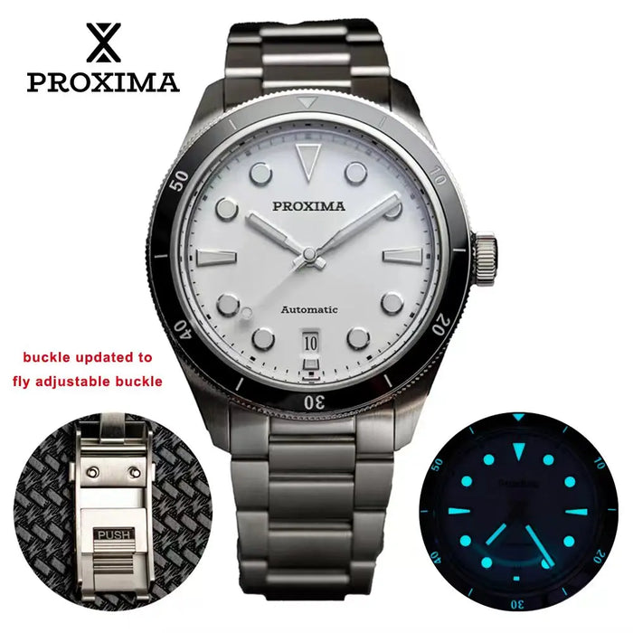 Proxima PX1697 39mm Men Watch White Enamel Dial Bubble Sapphire PT5000 SW200 Automatic Mechanical Vintage Watches 20Bar Luminous