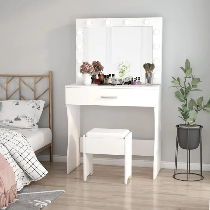 Makeup Vanity Desk with Mirror and 12 Lights 3 Color Modes Vanity Set with Large Mirror and Storage Stool