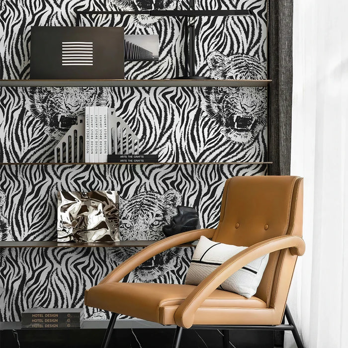 Black And White Leopard Print Wallpaper Tiger Line PVC Peel And Stick Wallpaper Retro Cabinet Sticker For Living Room