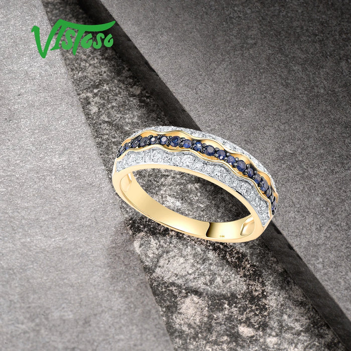 VISTOSO Real 14K 585 Yellow Gold Band Ring For Women Sparkling Diamonds Blue Sapphire Fancy Wedding Engagement Gift Fine Jewelry