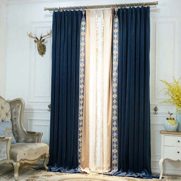 Luxurious Velvet Curtains for Living Dining Room Bedroom Deep Blue Embroidered Splicing Finished Blackout