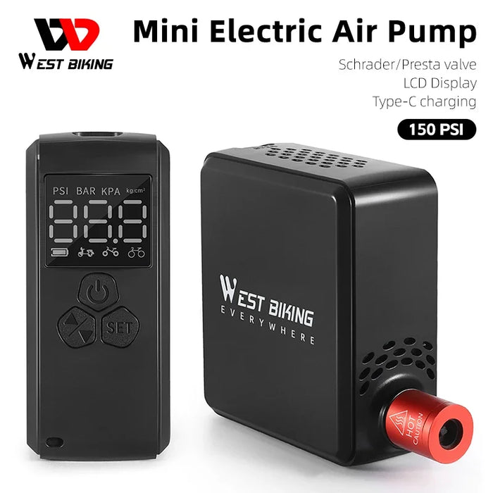 WEST BIKING Bike Pump Portable Mini Electric Air Pump 150PSI Tire Inflator Car Bike Motorcycle Bicycle Pump With LCD Display