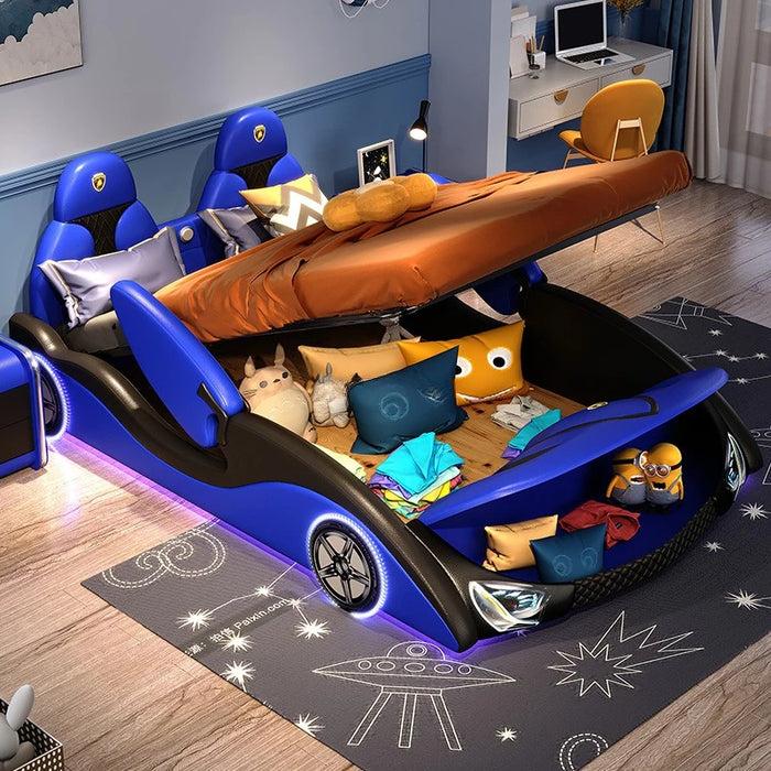 Solid wood boy car bed with guardrail children's bed single room boy sports car splicing leather bed