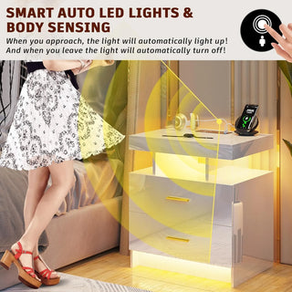LED Nightstands w/ Charging Station, High Gloss Night Stand, Bedside Tables with 2 Drawers, Nightstand w/ USB/Type-C/Wireless
