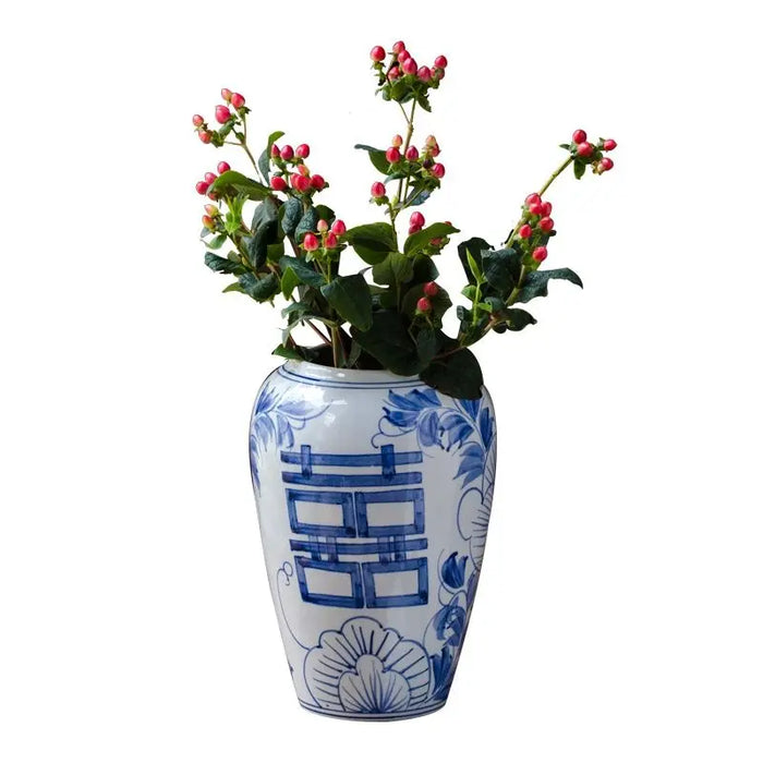 Blue and White Porcelain Vases Retro Flower Arrangement Happy Characters Imitation Antique Household Living Room Ceramic Vases